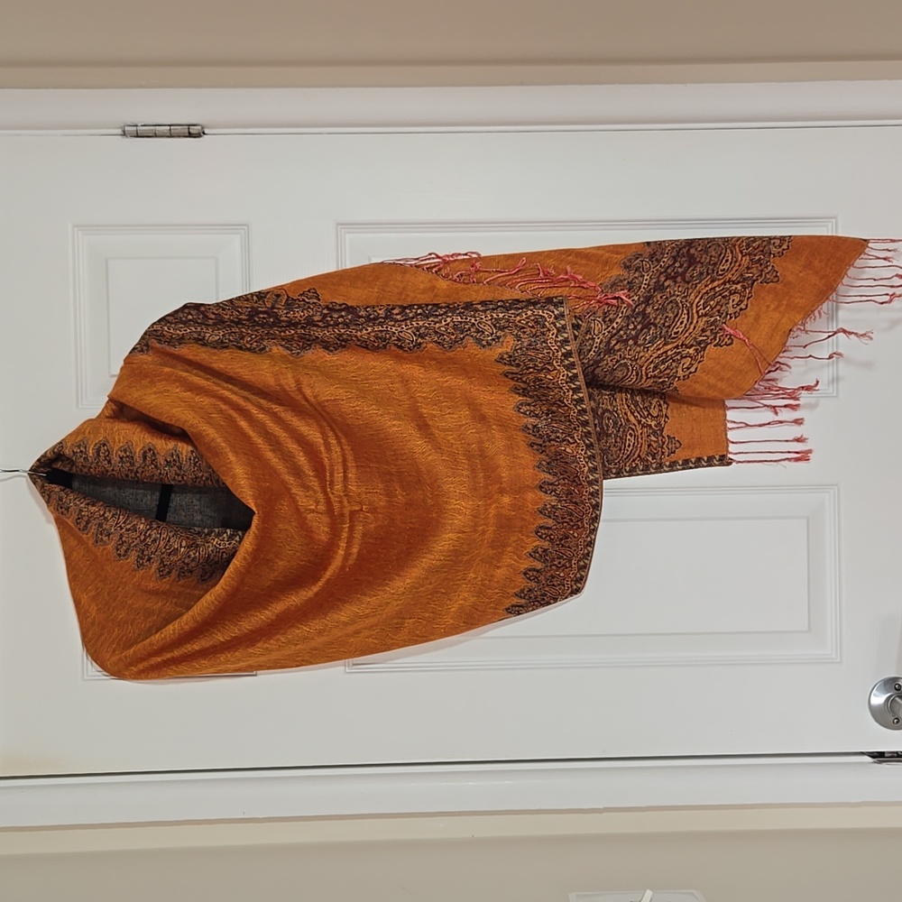 ๐งกโจ Burnt Orange Paisley Pashmina Shawl Wrap Fringe Scarf Reversible 27x77 - Picture 4 of 16